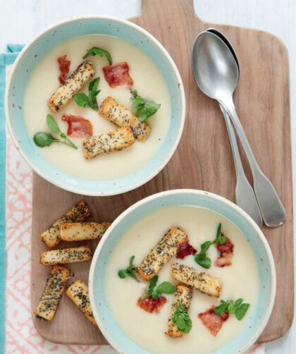 Mary Berry Celeriac Soup with Crispy Pancetta and Poppy Seed Croutons