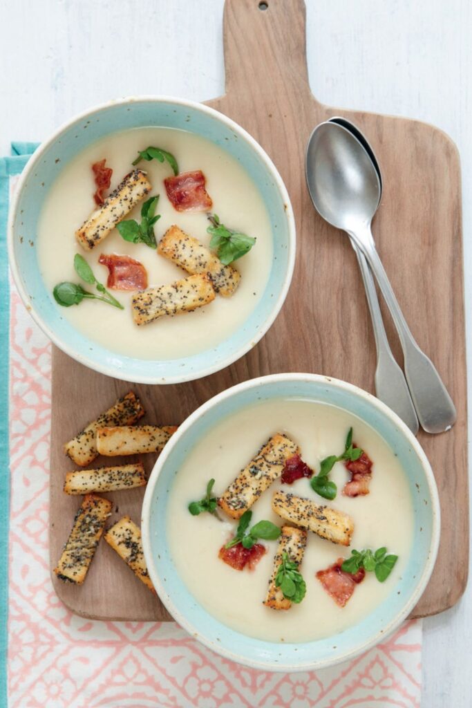 Mary Berry Celeriac Soup with Crispy Pancetta and Poppy Seed Croutons