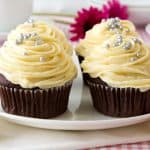 Two decorated chocolate cupcakes on plate