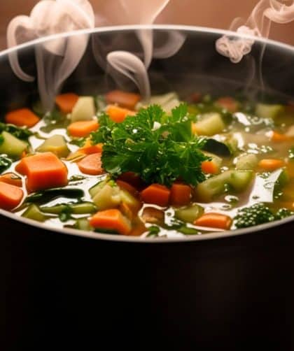 Steaming pot of vegetable soup.