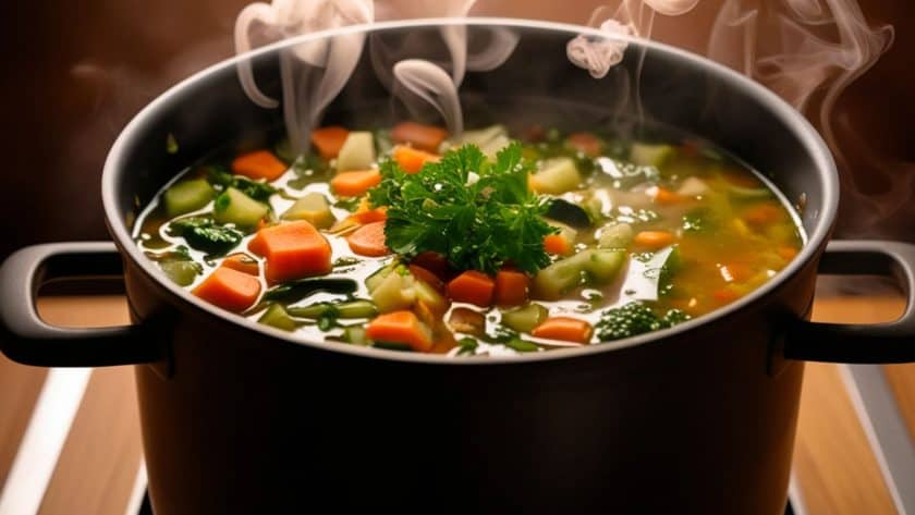 Steaming pot of vegetable soup.