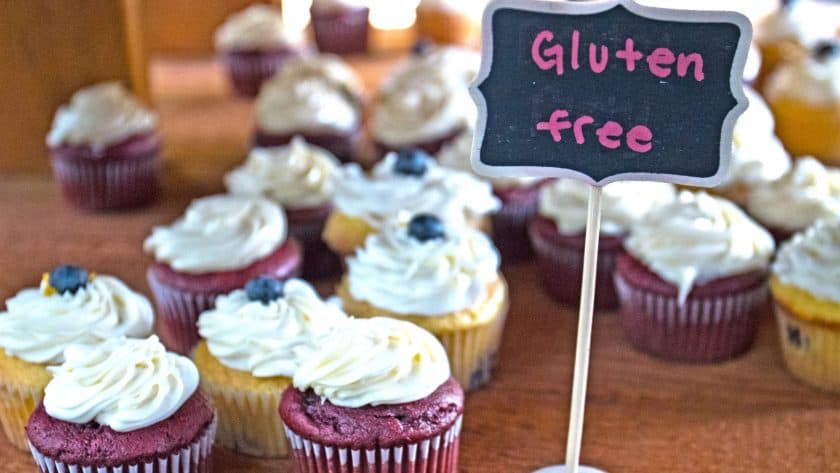 Gluten-free cupcakes on display.