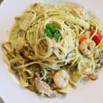 Pasta with prawns and vegetables.