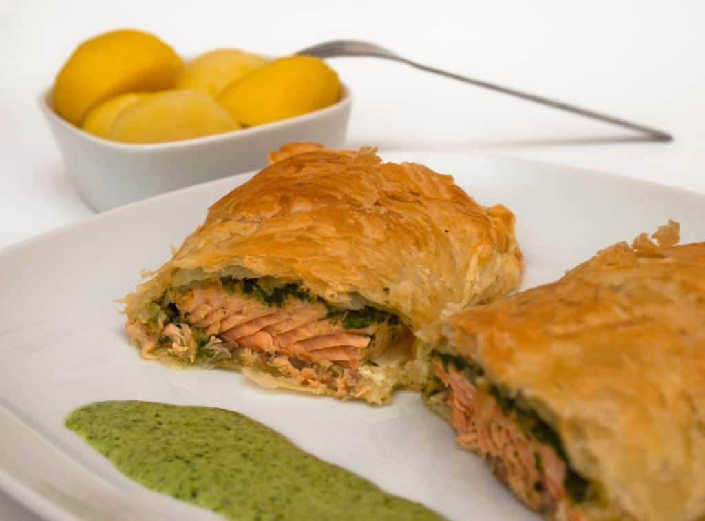Salmon wrapped in flaky pastry.