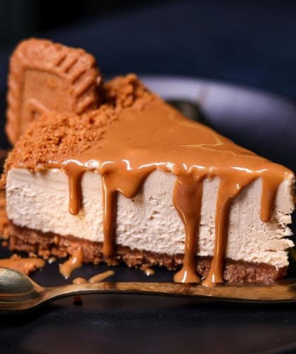 Creamy cheesecake with caramel drizzle