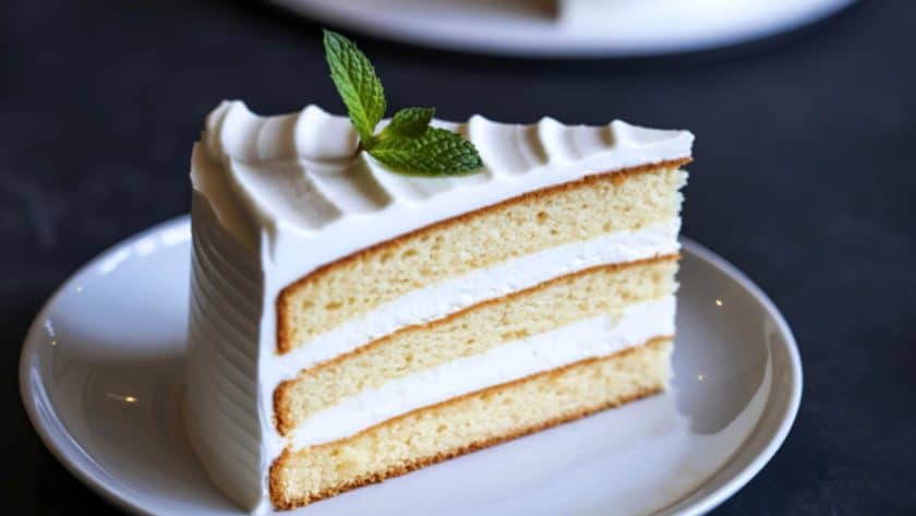 Slice of vanilla cake with frosting