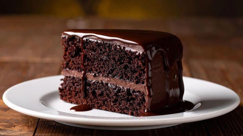 Slice of chocolate cake on plate