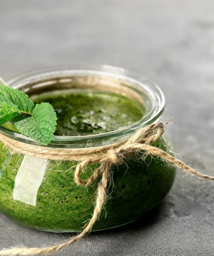 mint sauce in glass jar