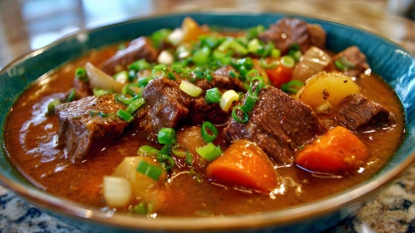 Hearty beef stew with vegetables.