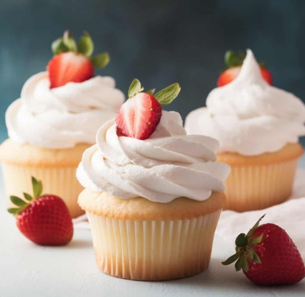Delicious cupcakes with strawberries on top