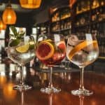 Three colorful cocktails on bar