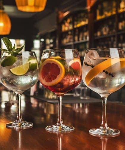 Three colorful cocktails on bar