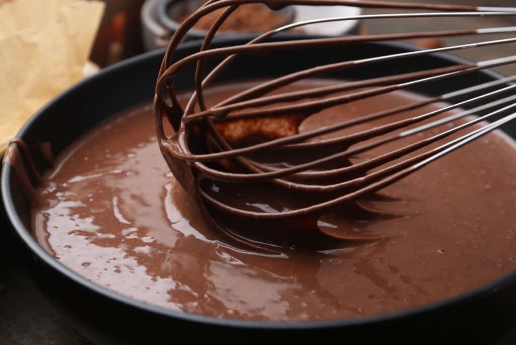Chocolate batter in a mixing bowl