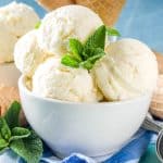 Bowl of vanilla ice cream scoops