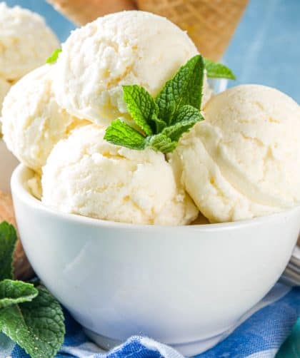 Bowl of vanilla ice cream scoops