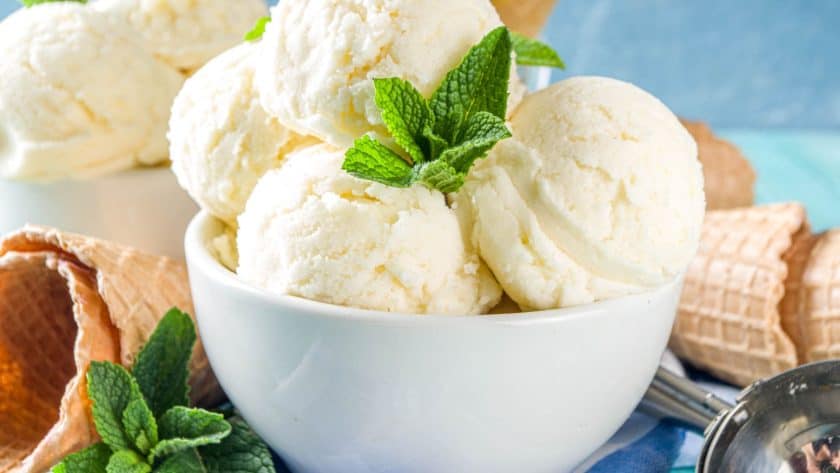 Bowl of vanilla ice cream scoops