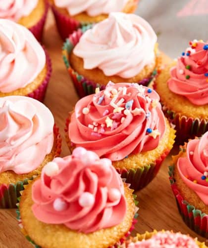 Colorful cupcakes with swirled frosting