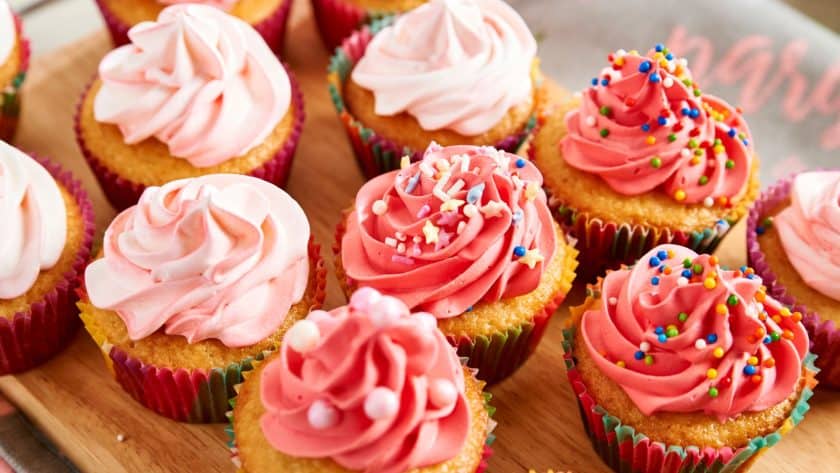 Colorful cupcakes with swirled frosting