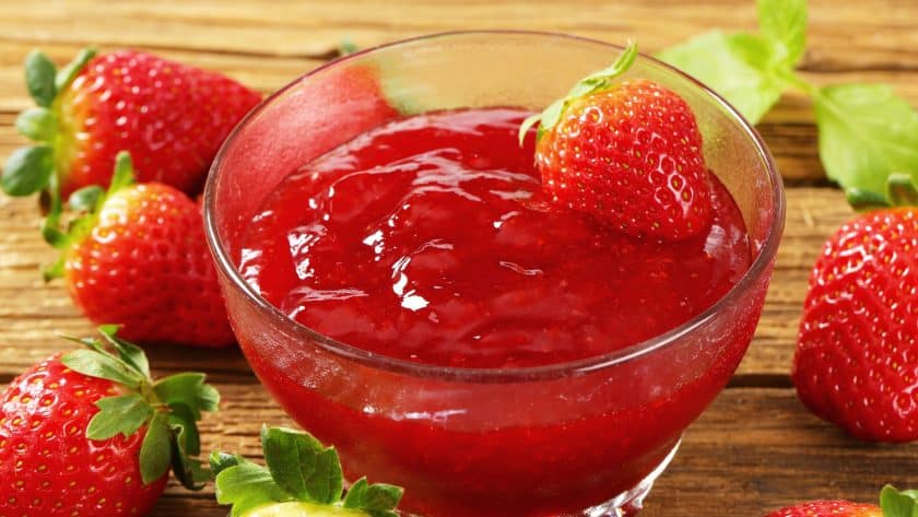 Strawberry jelly in a glass bowl