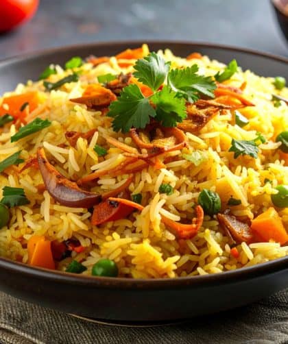 Colorful rice dish with vegetables