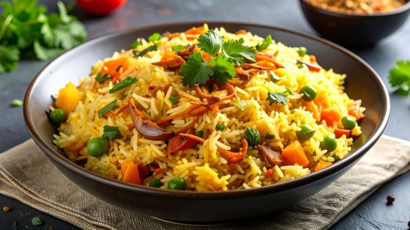Colorful rice dish with vegetables