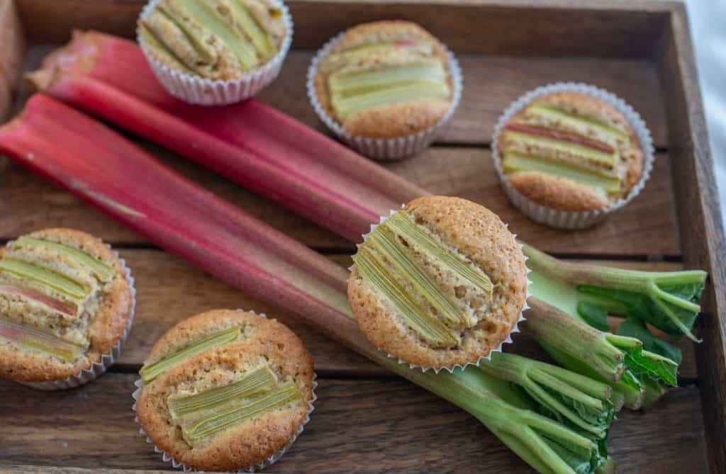Rhubarb muffins on a wooden tray