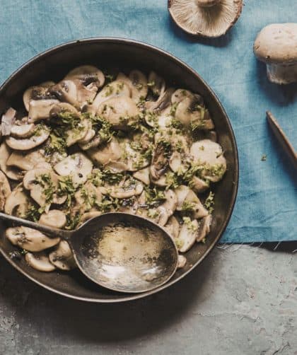 Cooked mushrooms in a skillet