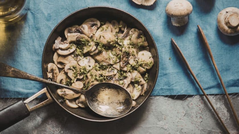 Cooked mushrooms in a skillet