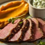 Sliced brisket with mashed sweet potatoes