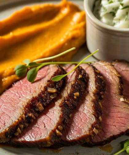 Sliced brisket with mashed sweet potatoes