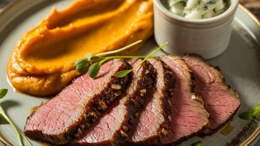 Sliced brisket with mashed sweet potatoes