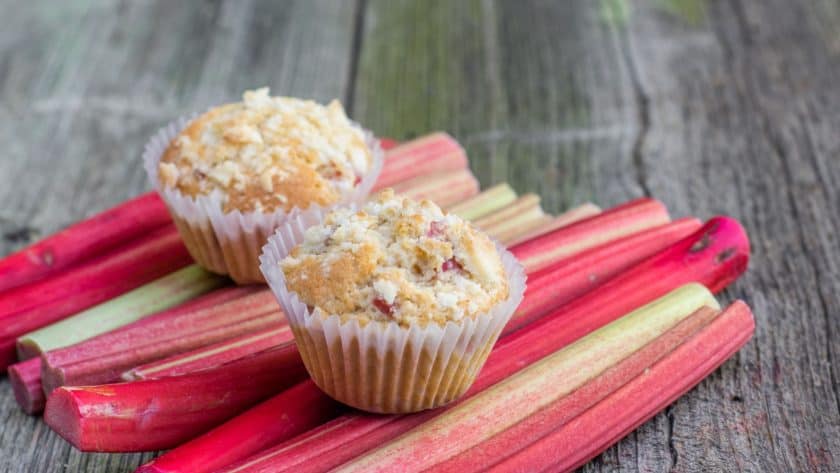 Muffins on rhubarb stalks background