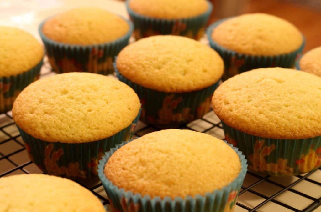 Freshly baked cupcakes cooling on rack