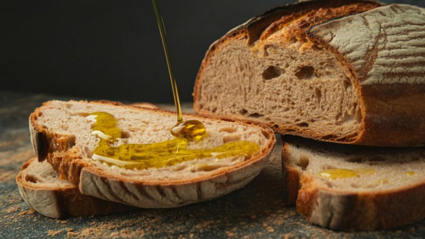 Sliced bread drizzled with olive oil