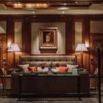 Elegant hotel lobby with artwork.