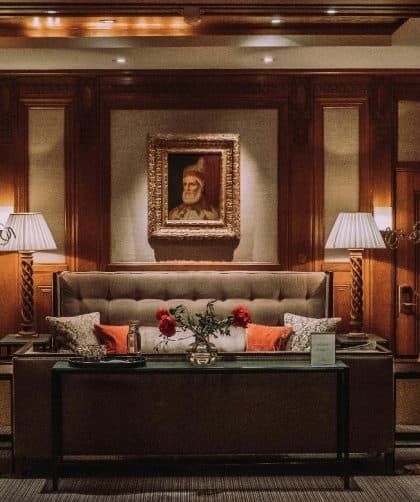 Elegant hotel lobby with artwork.