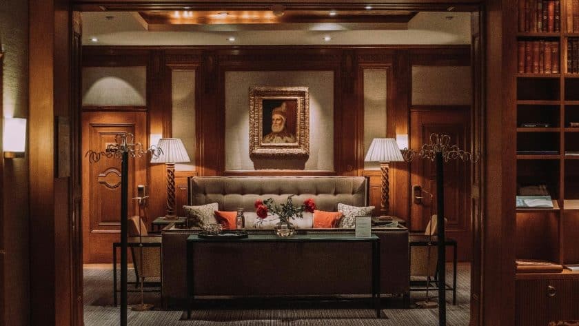 Elegant hotel lobby with artwork.