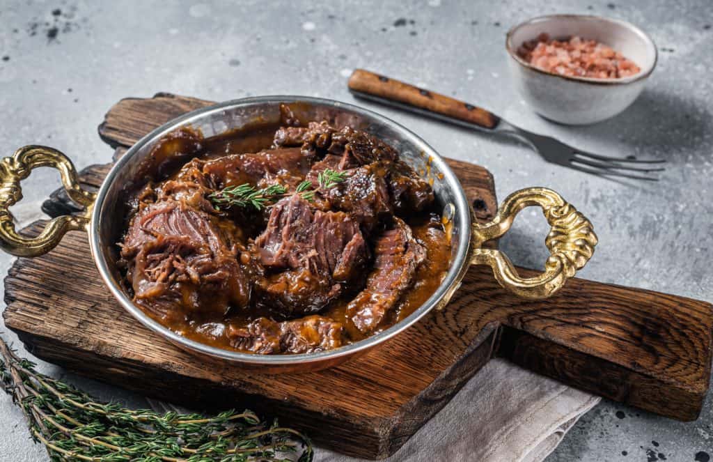 Braised beef in a serving dish